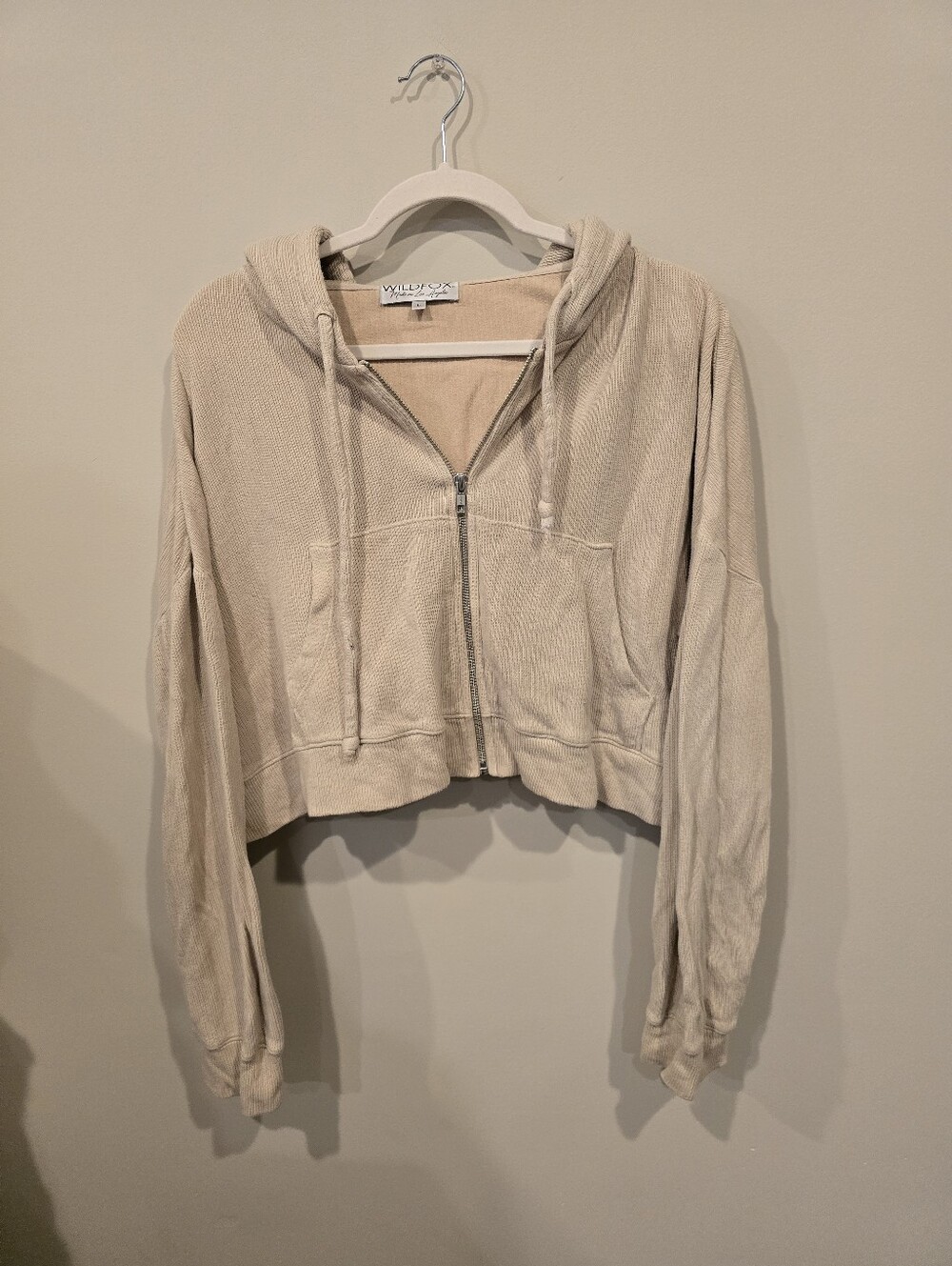 Wildfox Cropped Zip Hoodie in Light Beige